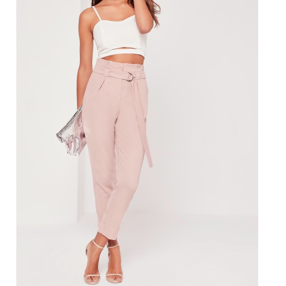Pink Paperbag Waist Cigarette Trousers